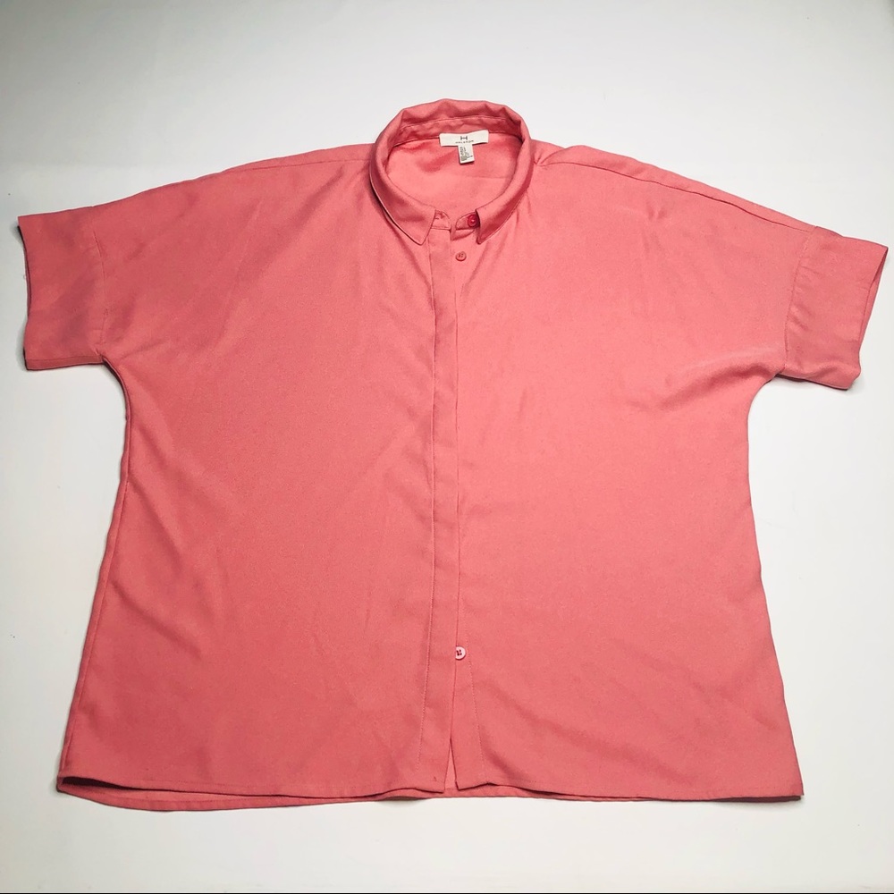 H by Halston Womens Blouse Peach Pink Boxy Dressy Button Down Short Sleeve Large